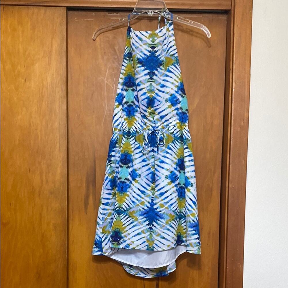 Jack by BB Dakota NWOT Blue Green Backless Halter Dress Abstract Boho